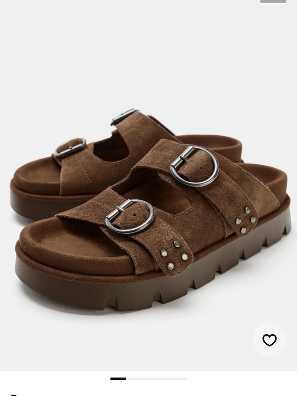 Zara Brown Suede Double-Buckle Slide Sandals